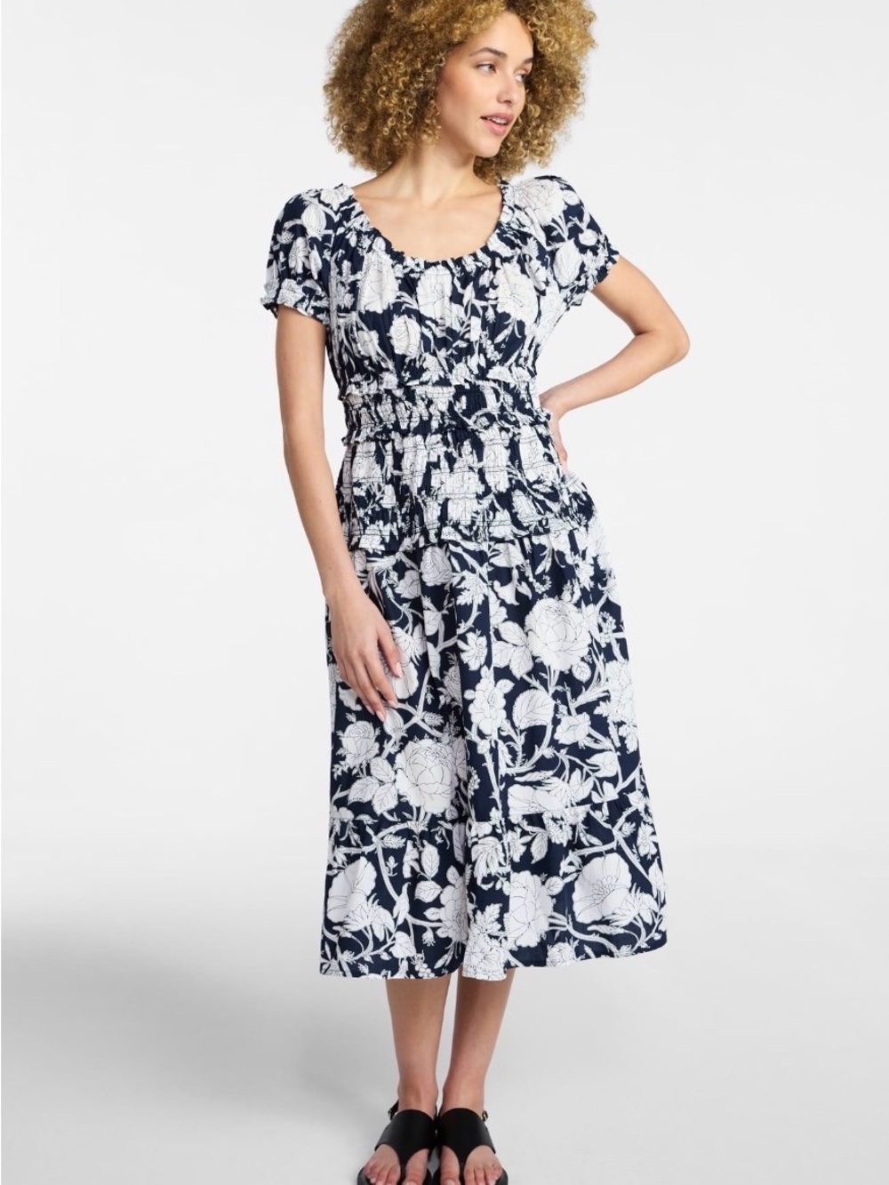 Time and Tru Women’s Smocked Cotton Peasant Dress w/ Short Sleeves